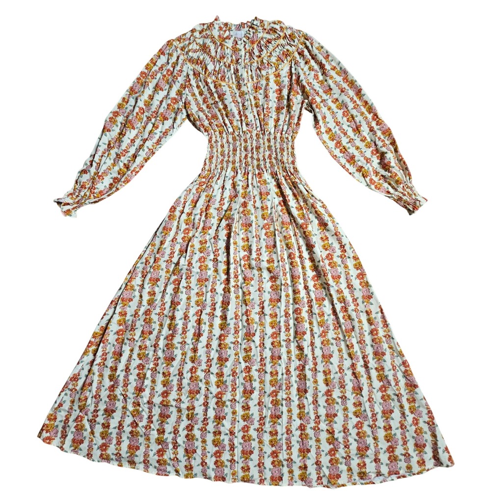 Loretta Caponi Floral Smocked‎ Maxi Dress XS Boho Granola Prairie Cottagecore